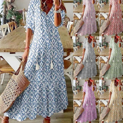 Vestito leggero da donna - stampa bohemien, scollo a V, maniche lunghe, vita media, abbigliamento casual quotidiano