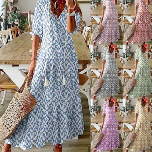 Vestito leggero da donna - stampa bohemien, scollo a V, maniche lunghe, vita media, abbigliamento casual quotidiano