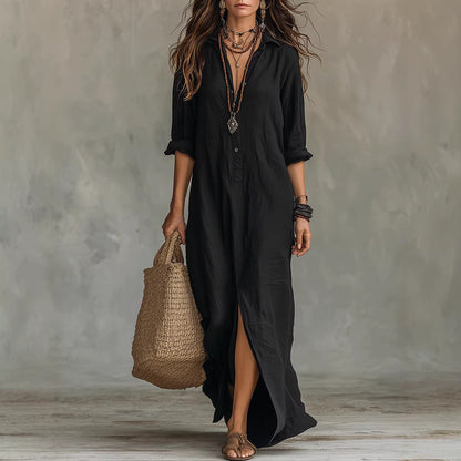 Soft women's flowy maxi dress - long-sleeve lapel-collar, solid, beach vacation
