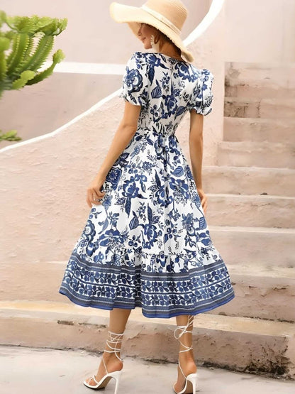 Floral Print Women's Dress with Unique Puffy Sleeves and Bunk Collar for Wedding Guest or Formal Occasions-3
