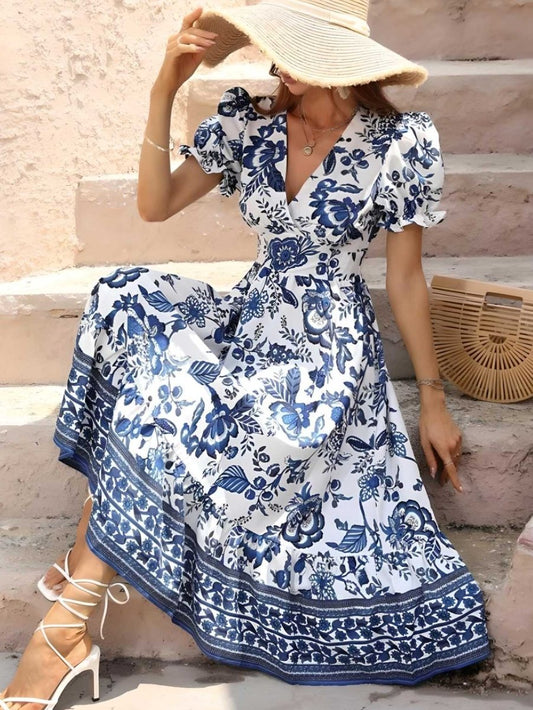 Floral Print Women's Dress with Unique Puffy Sleeves and Bunk Collar for Wedding Guest or Formal Occasions-1