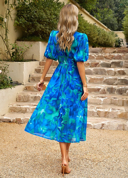 Womens Summer Midi Dress with Puff Sleeves and Floral Print, Elegant Wedding Guest Dress for Summer Events-5