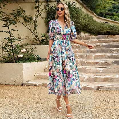 Variant image for Womens Summer Midi Dress with Puff Sleeves and Floral Print, Elegant Wedding Guest Dress for Summer Events-11