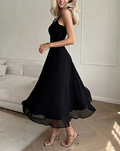 Elegant Chiffon Wedding Guest Dress with Angular Neckline, Flowing Formal Cocktail Dress for Special Occasions-6