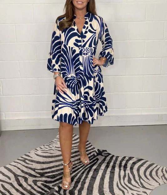 Elegant Women's Summer Dress with Graceful Print, Loose Fit, and Knee-Length Design for Garden Parties and Beach Walks-1