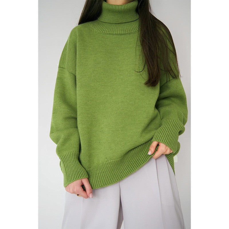 Oversized kvinders rullekrave sweater - midt på låret strikket vinter
