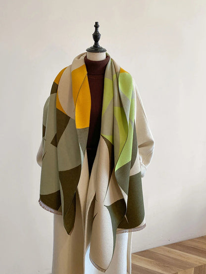 Oversized Womens Scarf - Reversible Geometric Cashmere