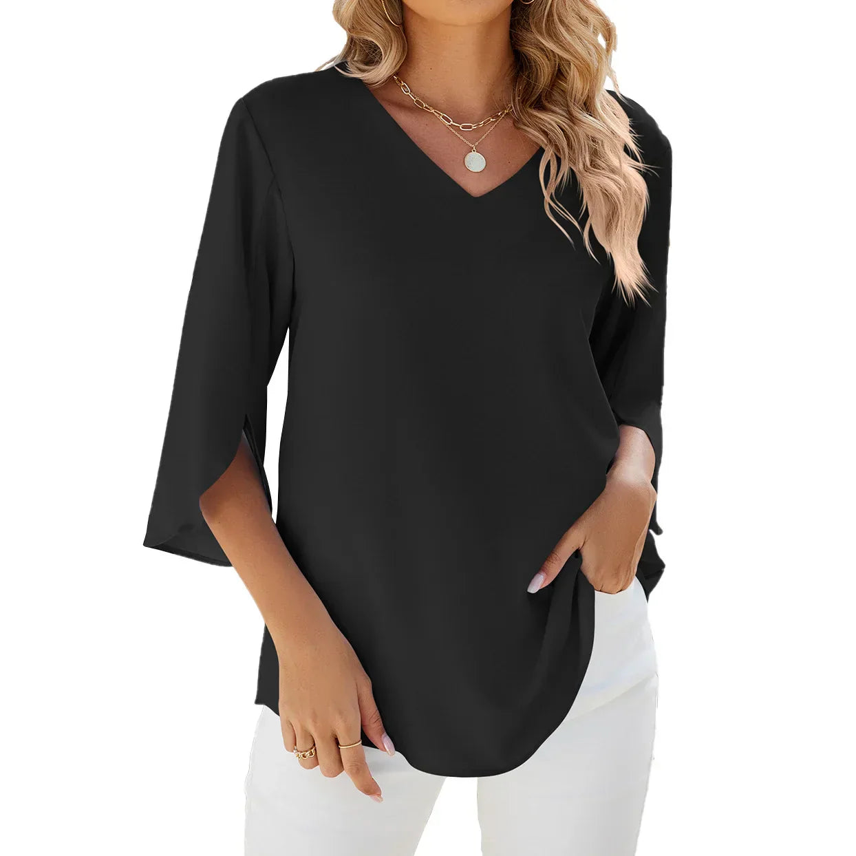 Lightweight V-Neck Women's Blouse, Relaxed Fit Casual Summer Top in Breathable Polyester-3