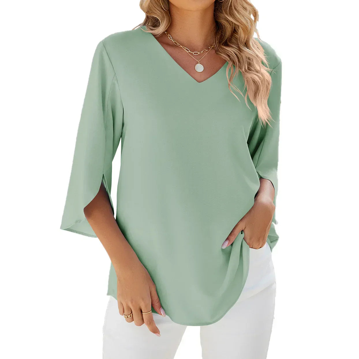 Lightweight V-Neck Women's Blouse, Relaxed Fit Casual Summer Top in Breathable Polyester-5
