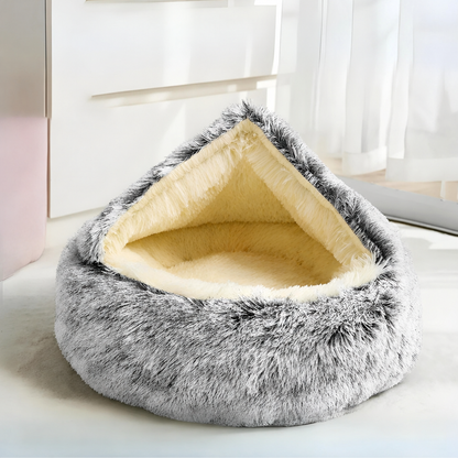 Hooded Pet Bed with Shaggy Plush Surface and Raised Rim for Dogs