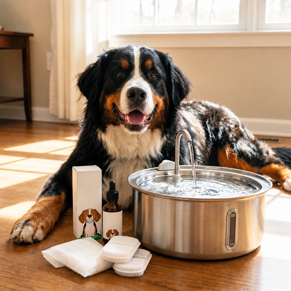 Dog Water Fountain With Curved Spout, Wide Drinking Bowl and Water-Level Window
