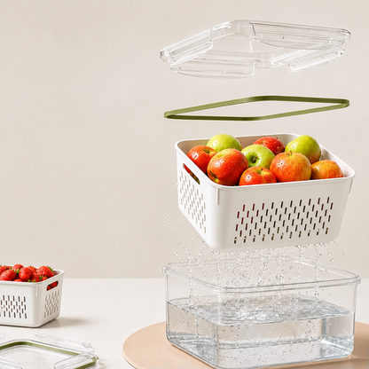 Produce Storage Containers with Removable Colanders and Airtight Lids for Fridge Organization