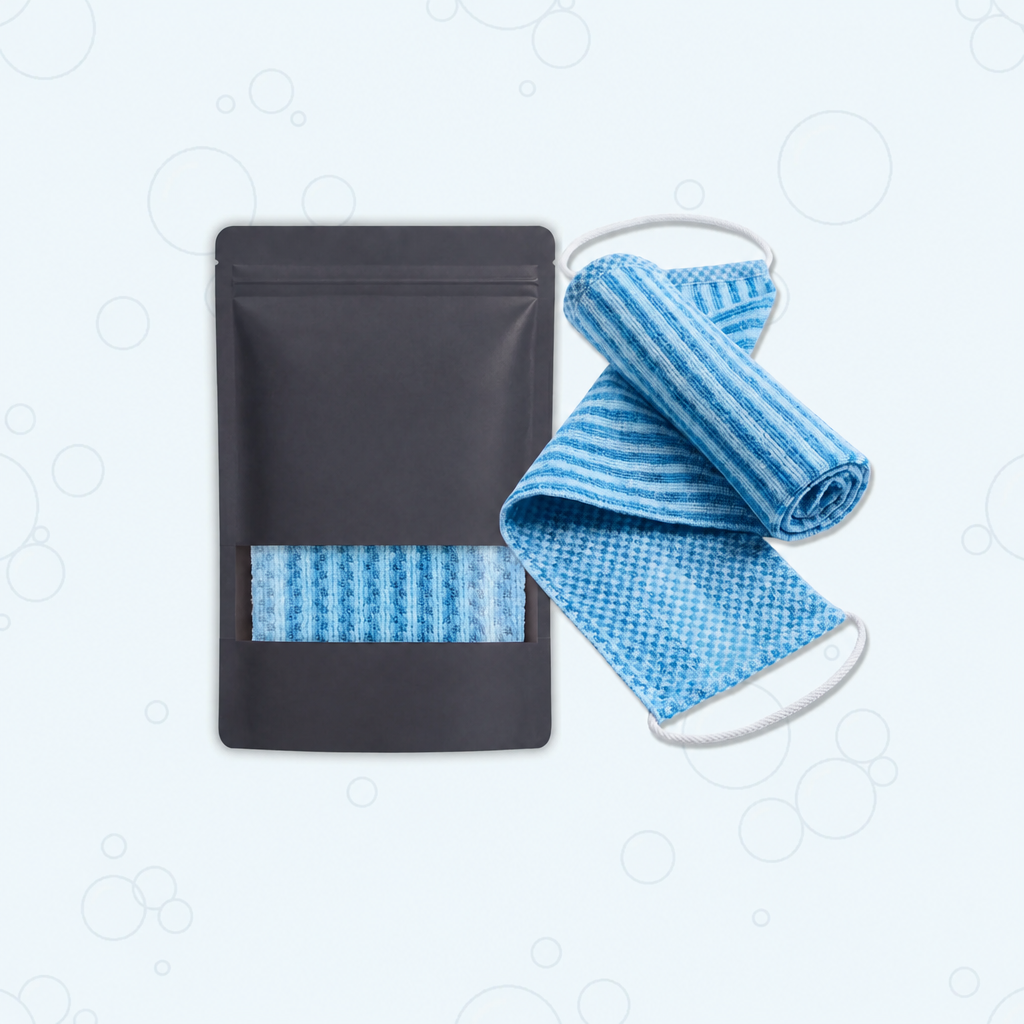 Exfoliating Shower Towel with Handles, Bamboo Fibers for Full-Body Cleansing