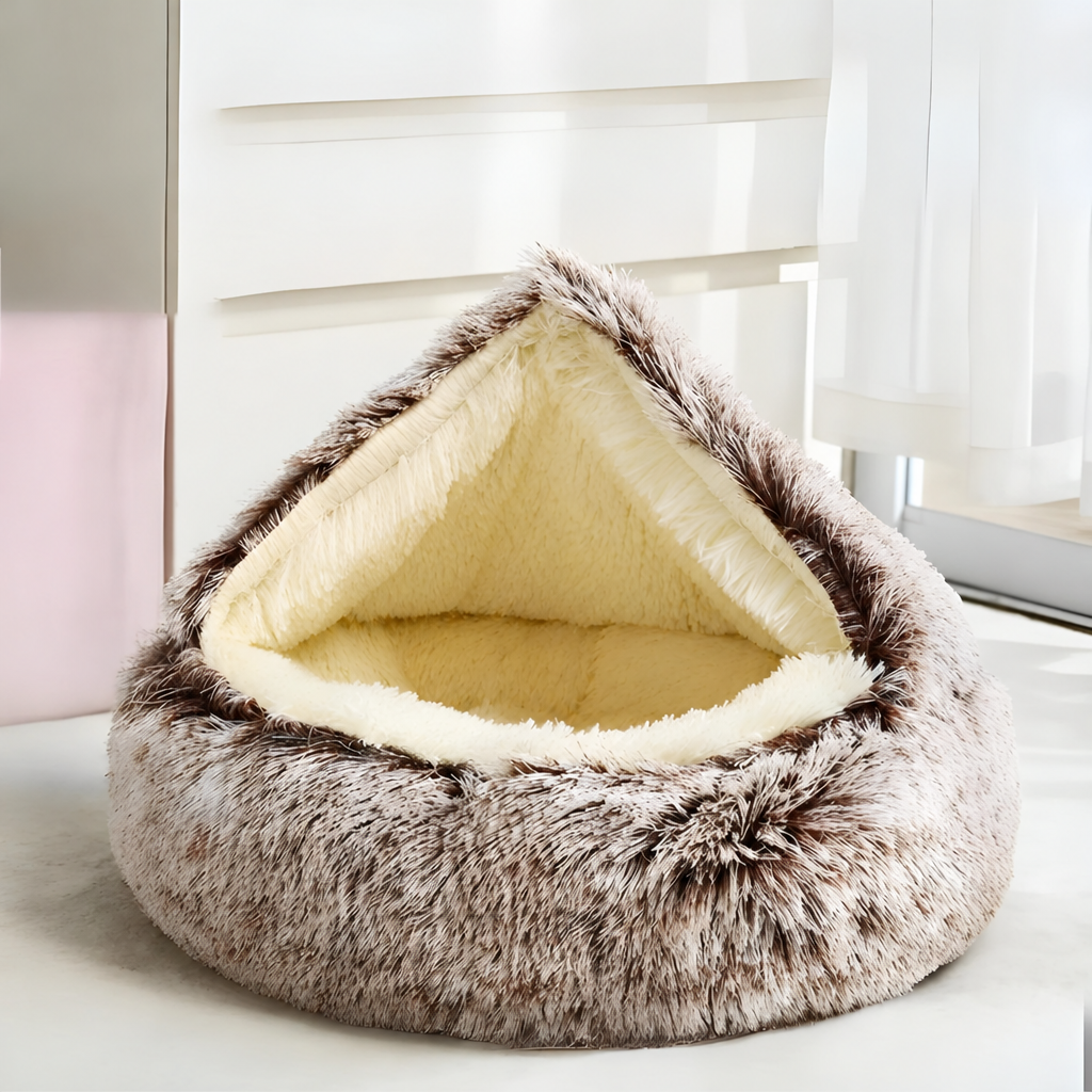 Hooded Pet Bed with Shaggy Plush Surface and Raised Rim for Dogs