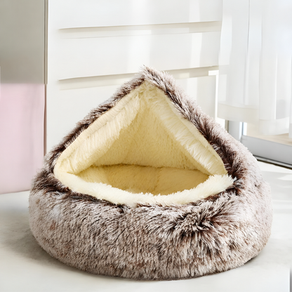 Hooded Pet Bed with Shaggy Plush Surface and Raised Rim for Dogs