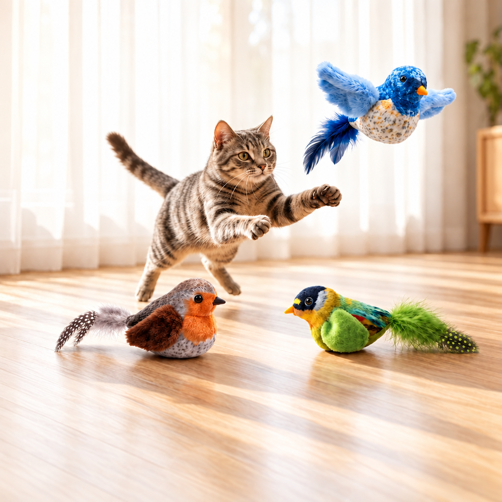 Interactive Bird Cat Toy with Plush Body and Feather Tail for Cat Play
