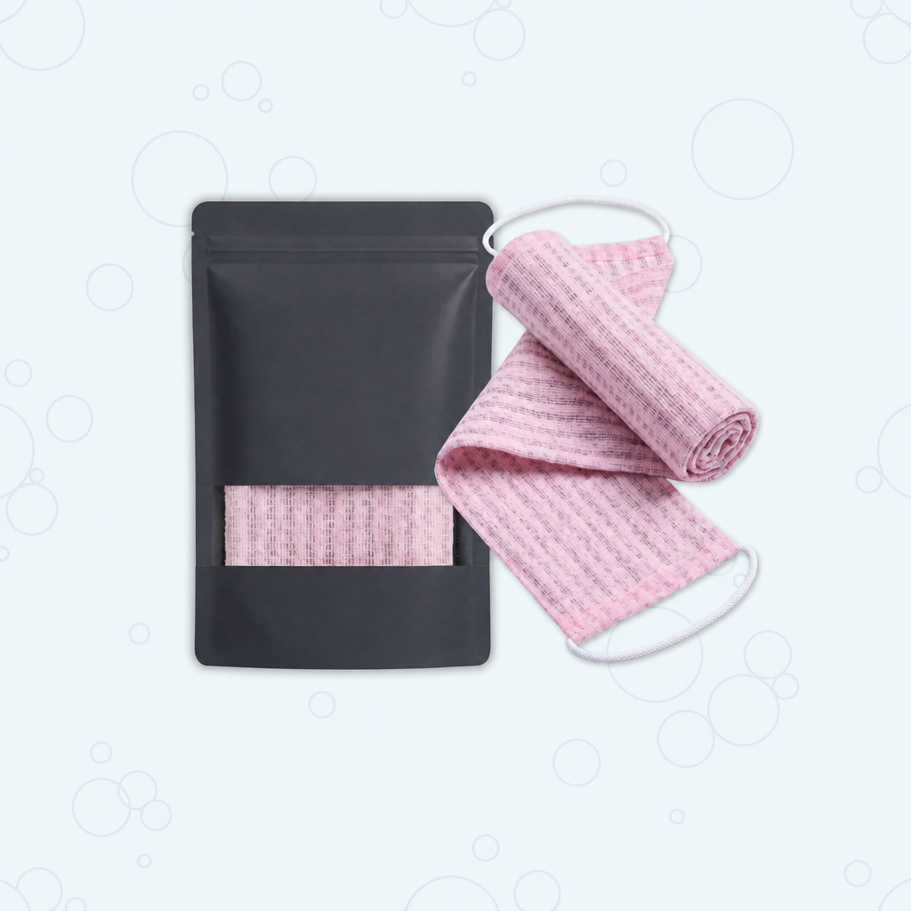 Exfoliating Shower Towel with Handles, Bamboo Fibers for Full-Body Cleansing