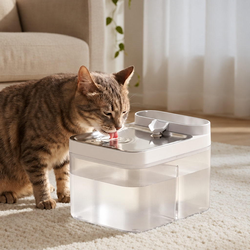 Cat Water Fountain with Clear Reservoir and Wide Drinking Tray, Automatic Design