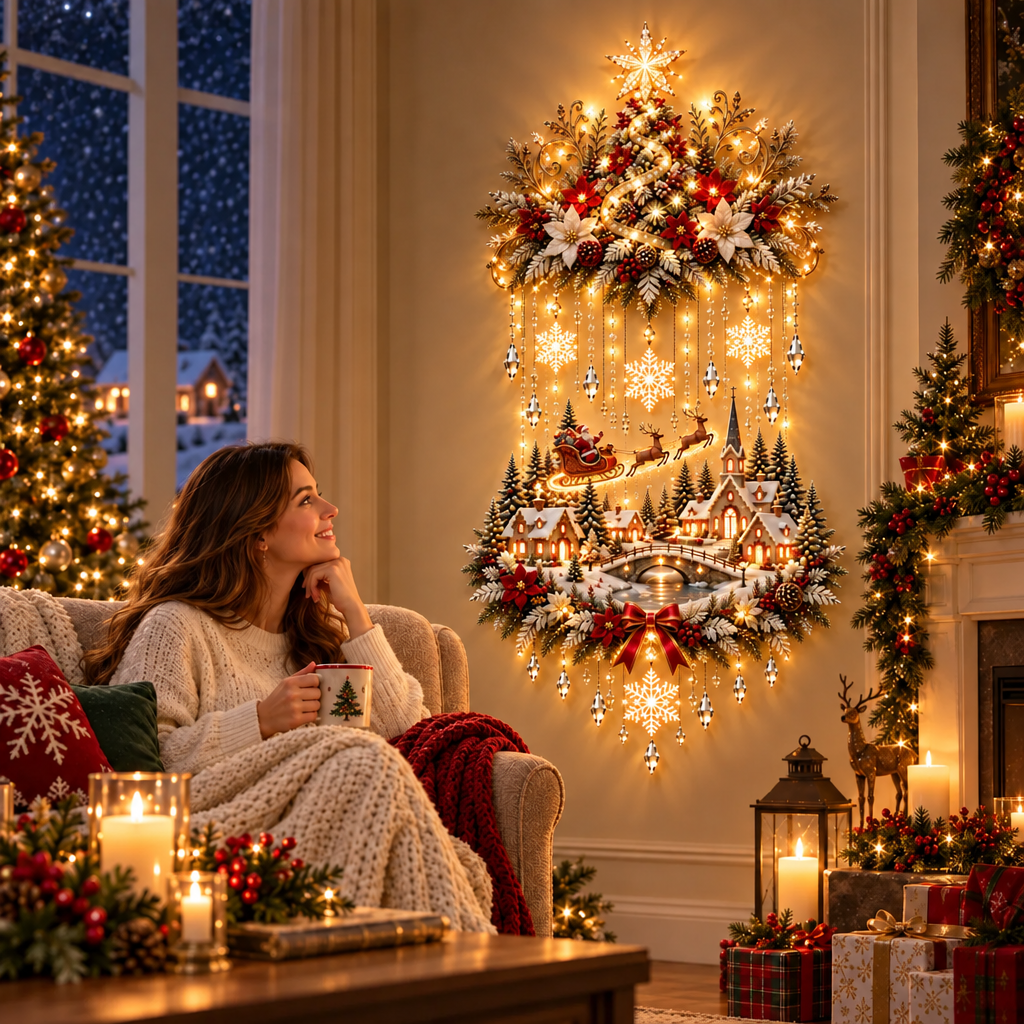 Christmas Wall Hanging with Warm Lights, Decorated Tree and Snowy Village for Indoor Display