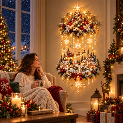 Christmas Wall Hanging with Warm Lights, Decorated Tree and Snowy Village for Indoor Display
