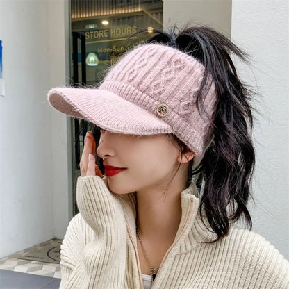 Warm Women's Knitted Baseball Cap - Cable Knit, Winter