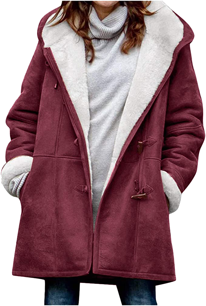 Warm Womens Winter Jacket - Hooded Mid-Thigh, Suede