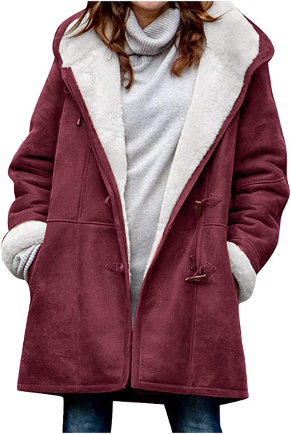 Warm Womens Winter Jacket - Hooded Mid-Thigh, Suede