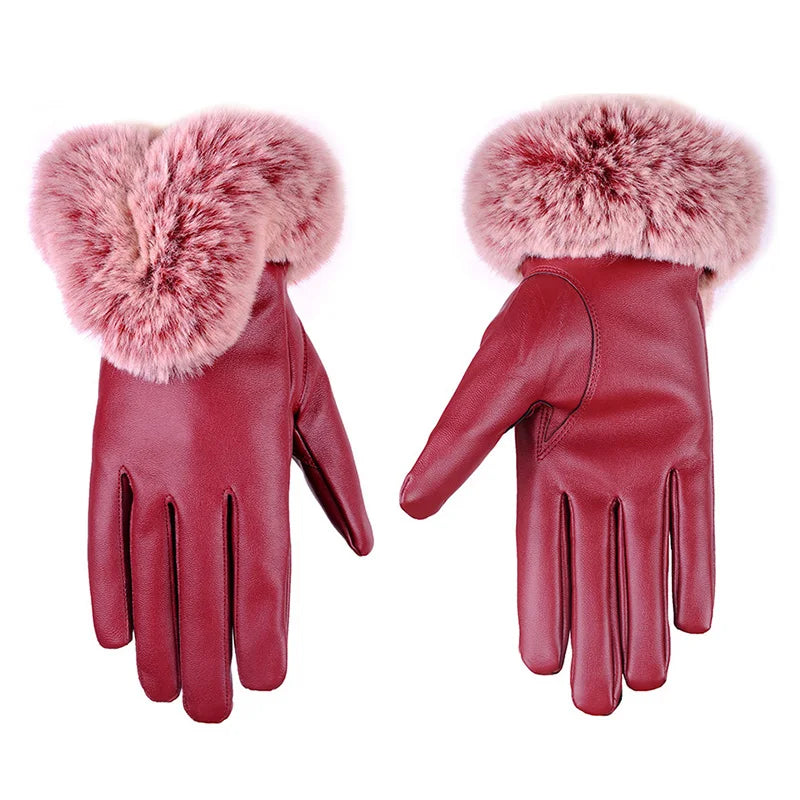 Warm Women's Leather Gloves - Faux Fur Cuff, Touchscreen