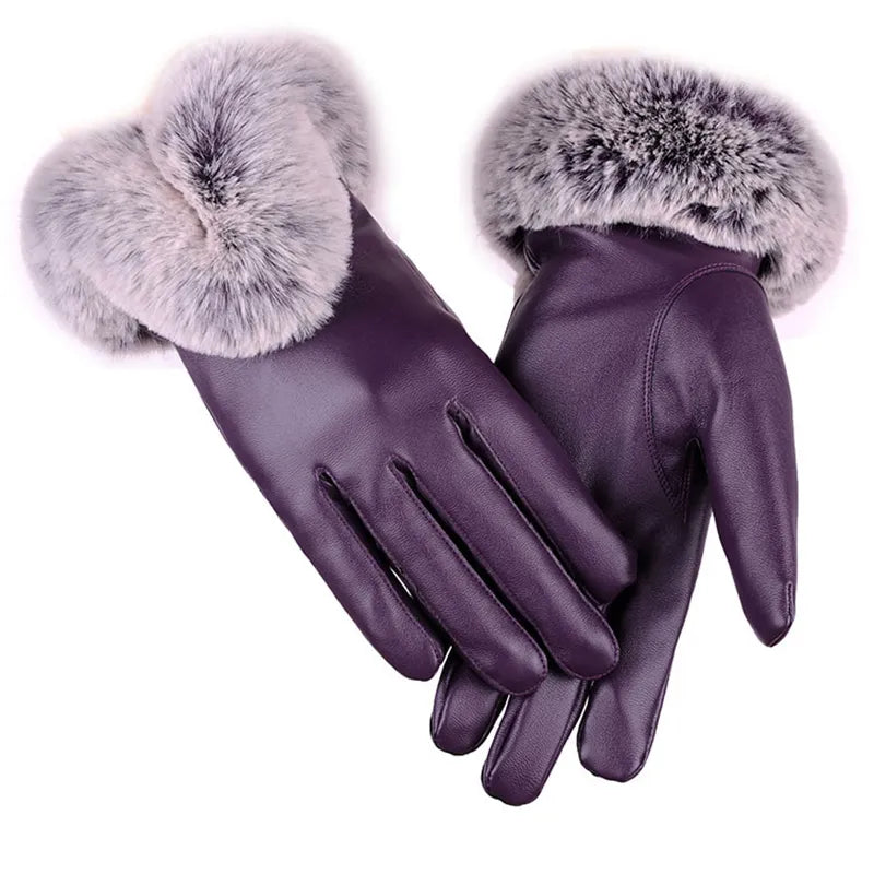 Warm Women's Leather Gloves - Faux Fur Cuff, Touchscreen