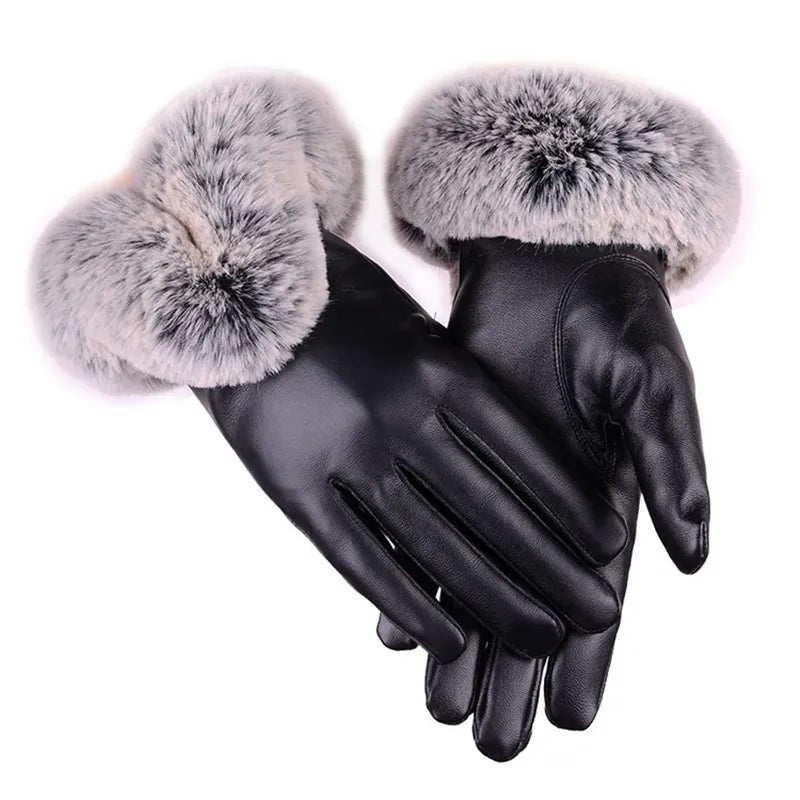 Warm Women's Leather Gloves - Faux Fur Cuff, Touchscreen
