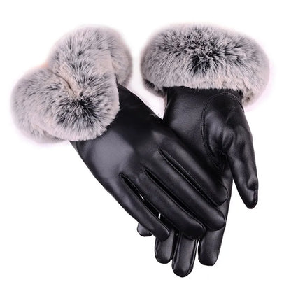Warm Women's Leather Gloves - Faux Fur Cuff, Touchscreen