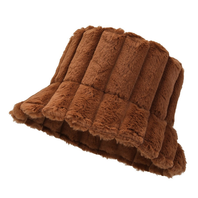 Warm Cozy Women Bucket Hat - Ribbed Faux Fur, For Winter