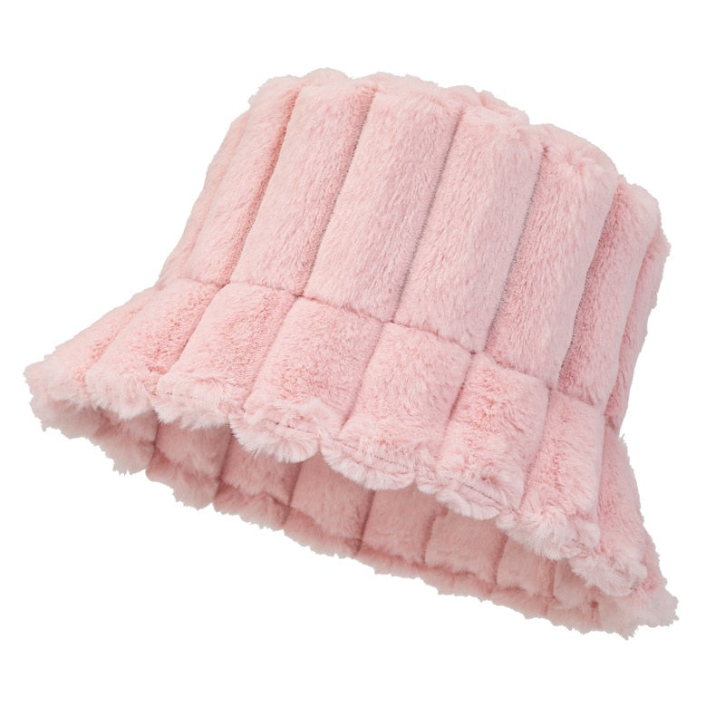 Warm Cozy Women Bucket Hat - Ribbed Faux Fur, For Winter