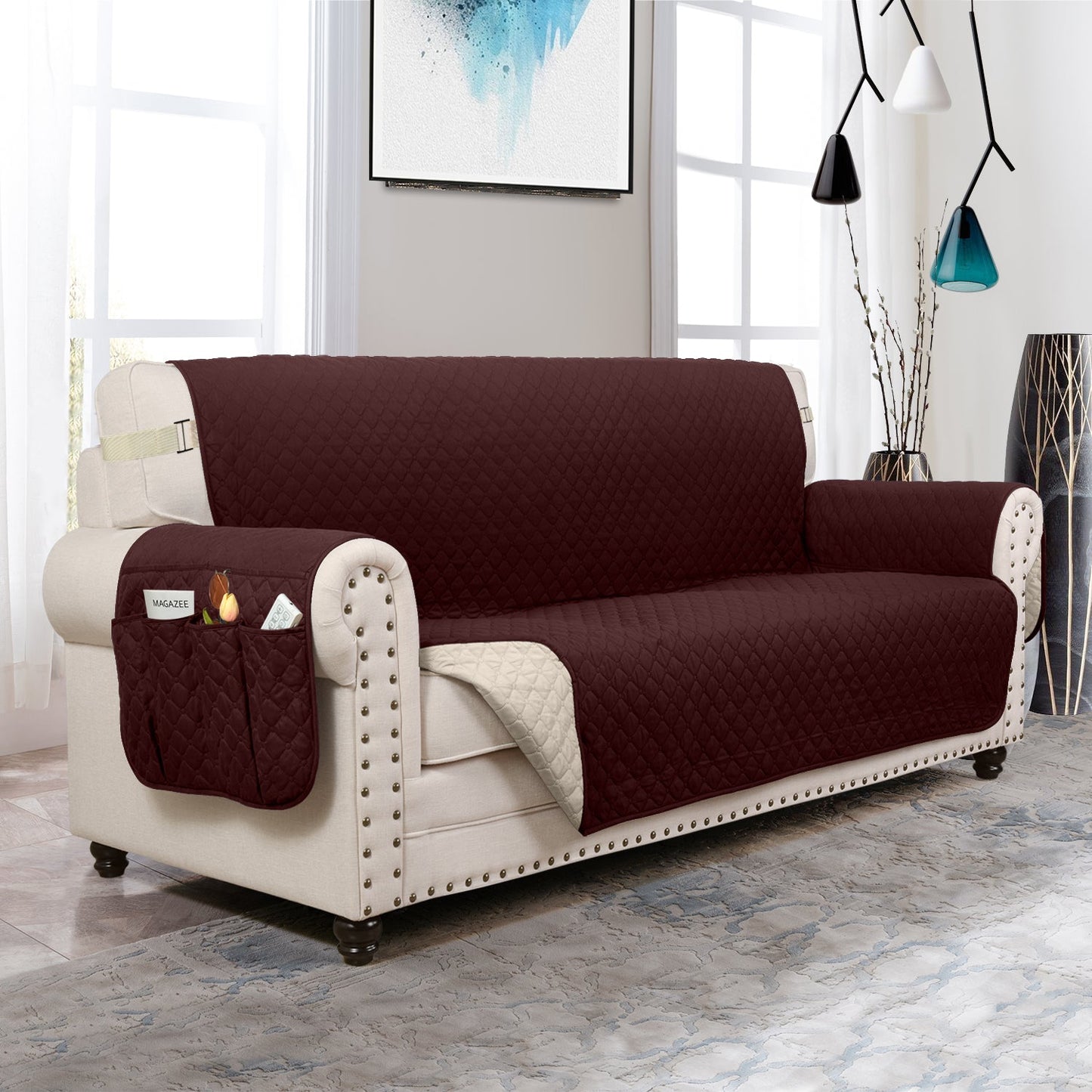 Copertura per divano Protettore per mobili con tasche laterali e cinghie posteriori Colori reversibili Autunno 2025 Amico degli animali domestici