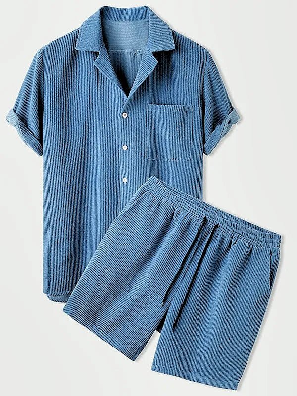 Luxury Velvet Men's Set - Short Sleeve Shirt and Matching Shorts in Elegant Ribbed Design-3