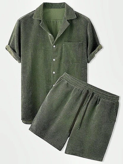 Luxury Velvet Men's Set - Short Sleeve Shirt and Matching Shorts in Elegant Ribbed Design-5