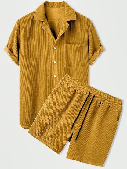 Variant image for Luxury Velvet Men's Set - Short Sleeve Shirt and Matching Shorts in Elegant Ribbed Design-1