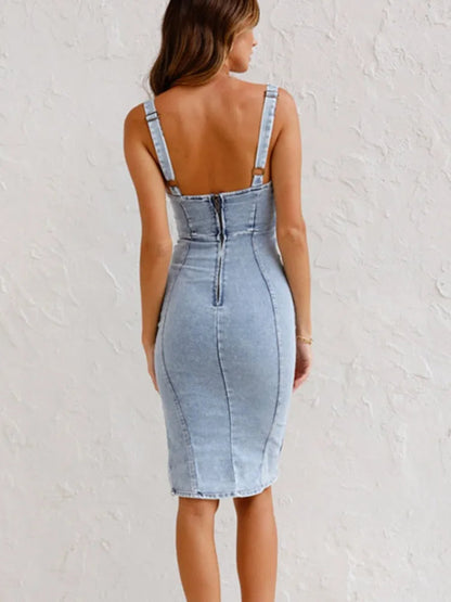 Washed Denim Midi Dress with Adjustable Straps, Bodycon Fit, Side Slit, Deep Circular Neckline for Women-6