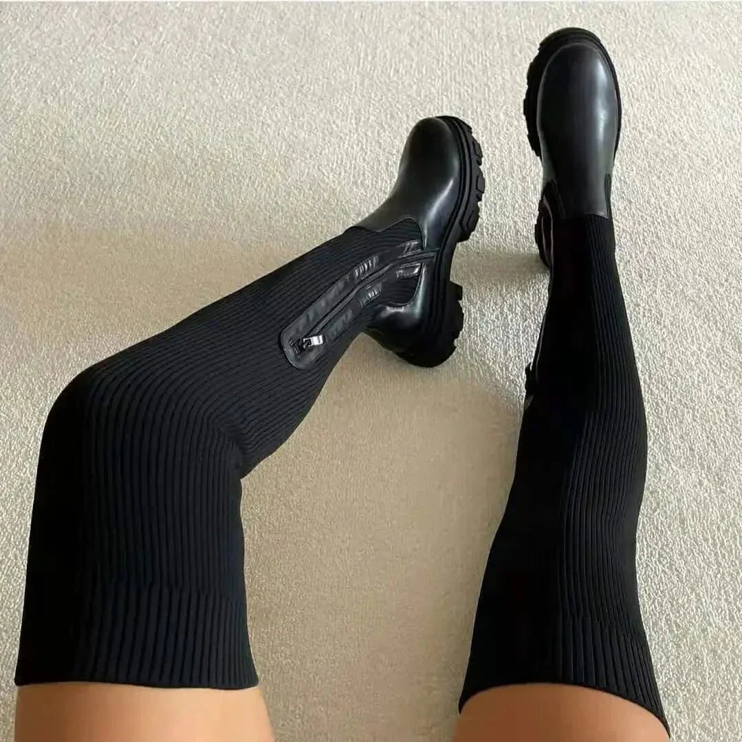 Stretchy Flattering Women’s Thigh-High Sock Boots - Knit