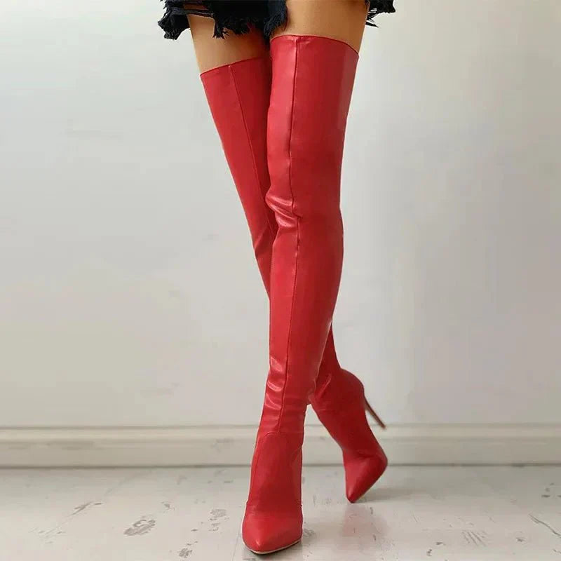Fitted Women Thigh-High Stiletto Boots - Leather, Evening