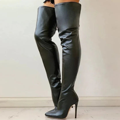 Fitted Women Thigh-High Stiletto Boots - Leather, Evening
