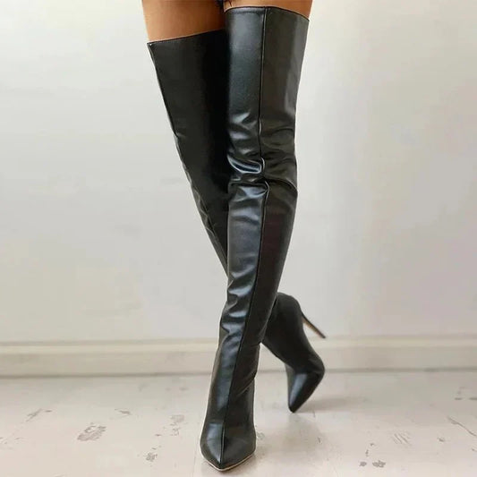 Fitted Women Thigh-High Stiletto Boots - Leather, Evening