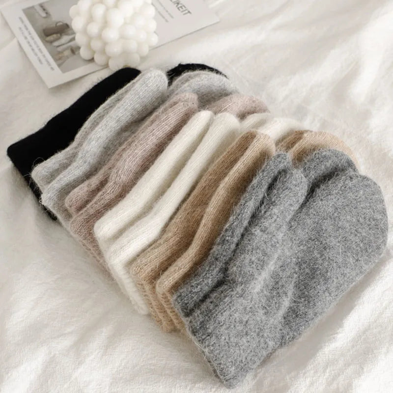 Warm Women Mittens - Ribbed Cuff Plush Faux Fur, Winter