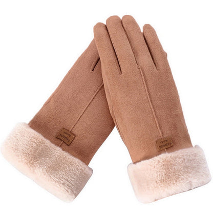 Warm Cozy Womens Gloves - Five-Finger Suede Fleece Winter