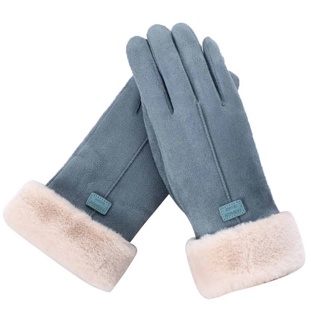 Warm Cozy Womens Gloves - Five-Finger Suede Fleece Winter