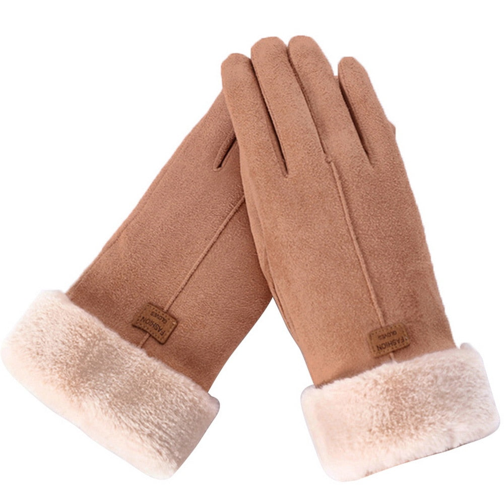 Warm Cozy Womens Gloves - Five-Finger Suede Fleece Winter