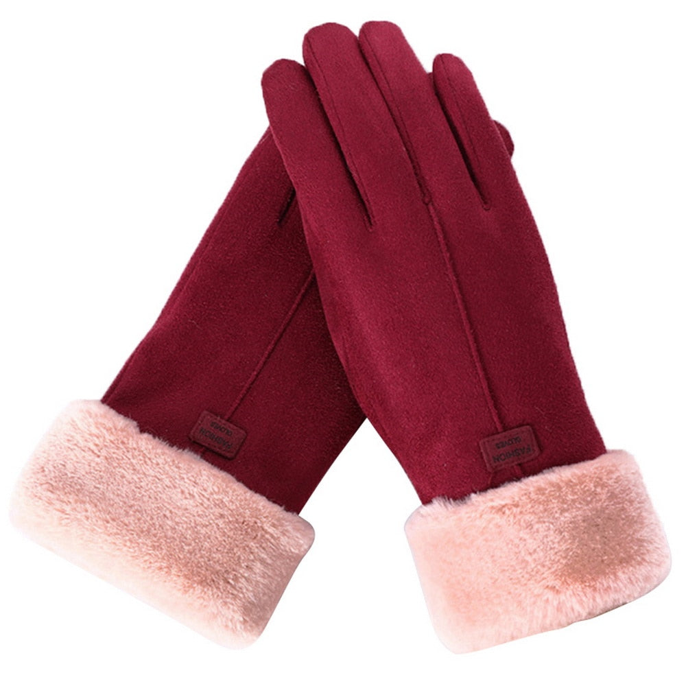 Warm Cozy Womens Gloves - Five-Finger Suede Fleece Winter