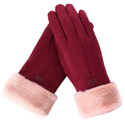 Warm Cozy Womens Gloves - Five-Finger Suede Fleece Winter