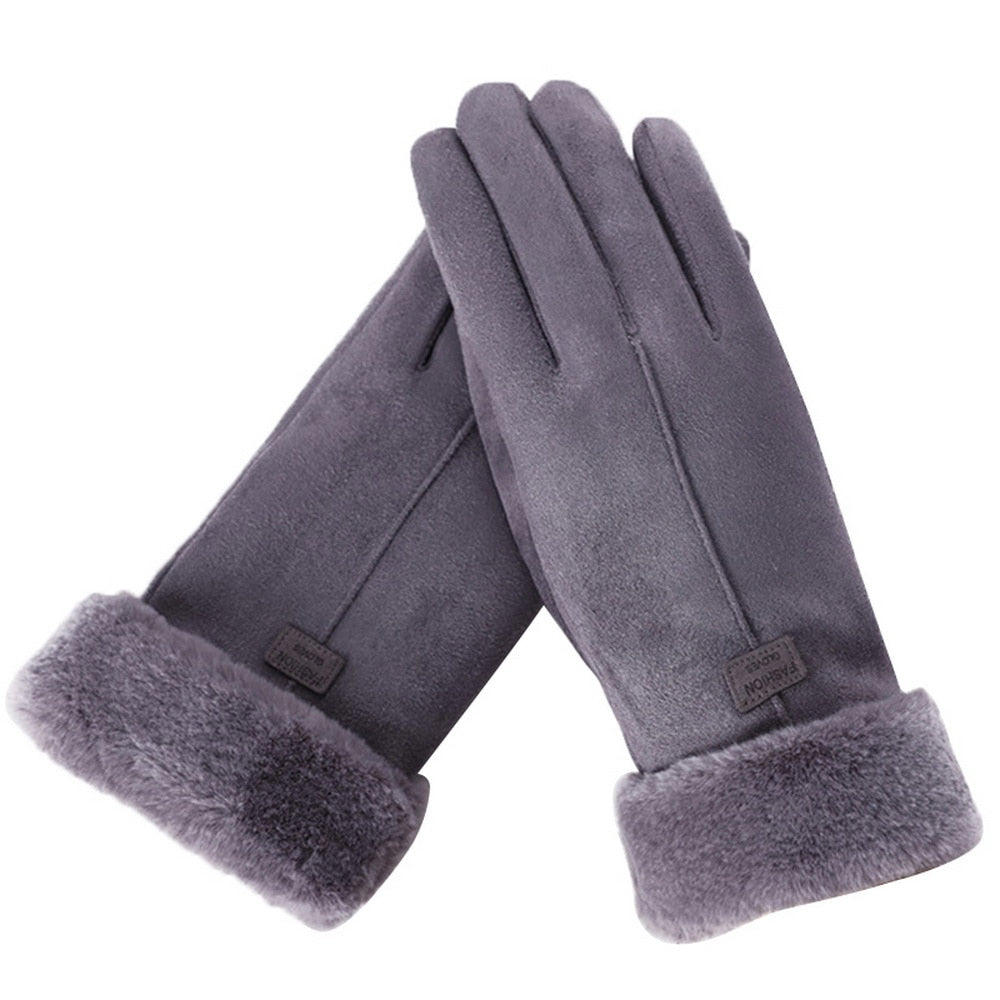 Warm Cozy Womens Gloves - Five-Finger Suede Fleece Winter