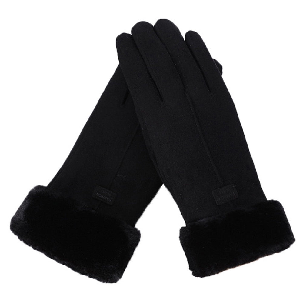 Warm Cozy Womens Gloves - Five-Finger Suede Fleece Winter